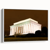 Vintage poster art of Washington DC with colorful depiction of the Lincoln Memorial on a large framed canvas.