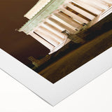 Art deco poster of the Lincoln Memorial in muted gray and blue tones on rolled canvas, suitable for dining room wall art.