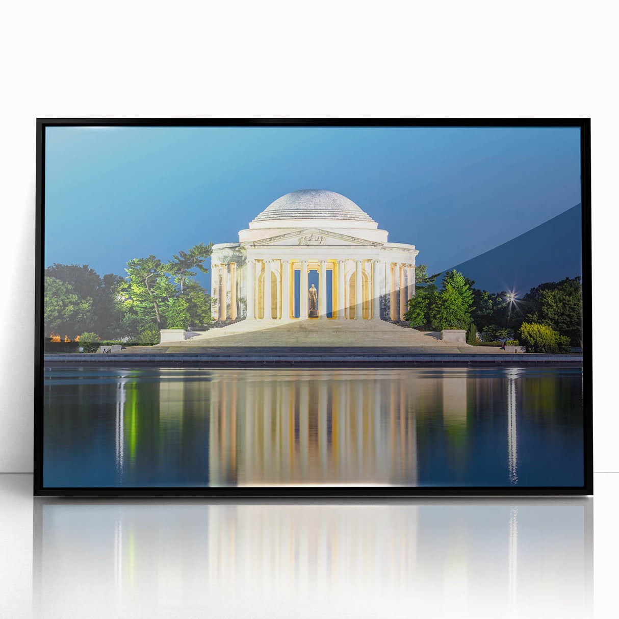 Large abstract wall art of Washington DC monuments in black and white, framed acrylic, ideal for modern office decor.