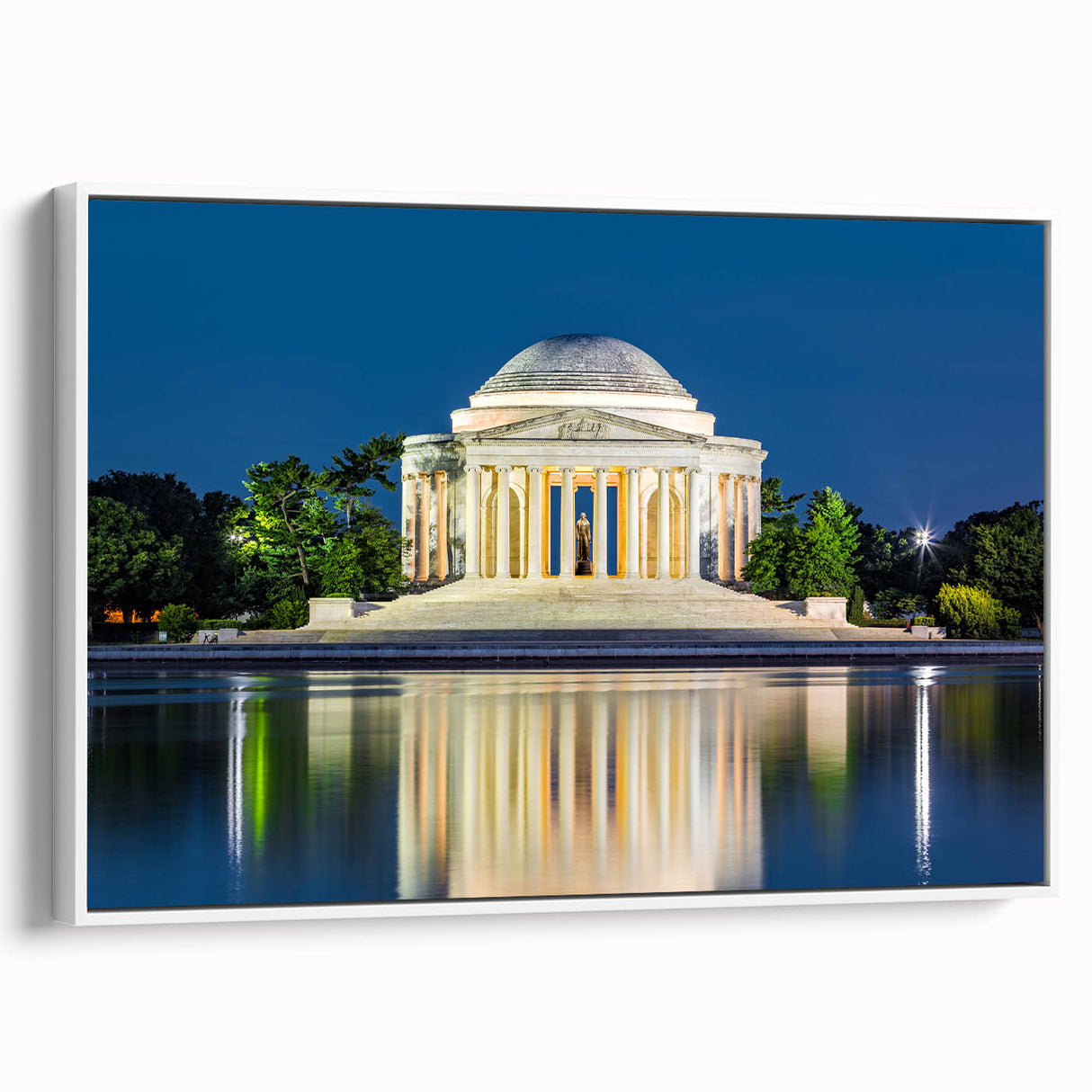 Vintage poster art of Washington DC monuments in colorful hues on a large framed canvas, ideal for living room decor.