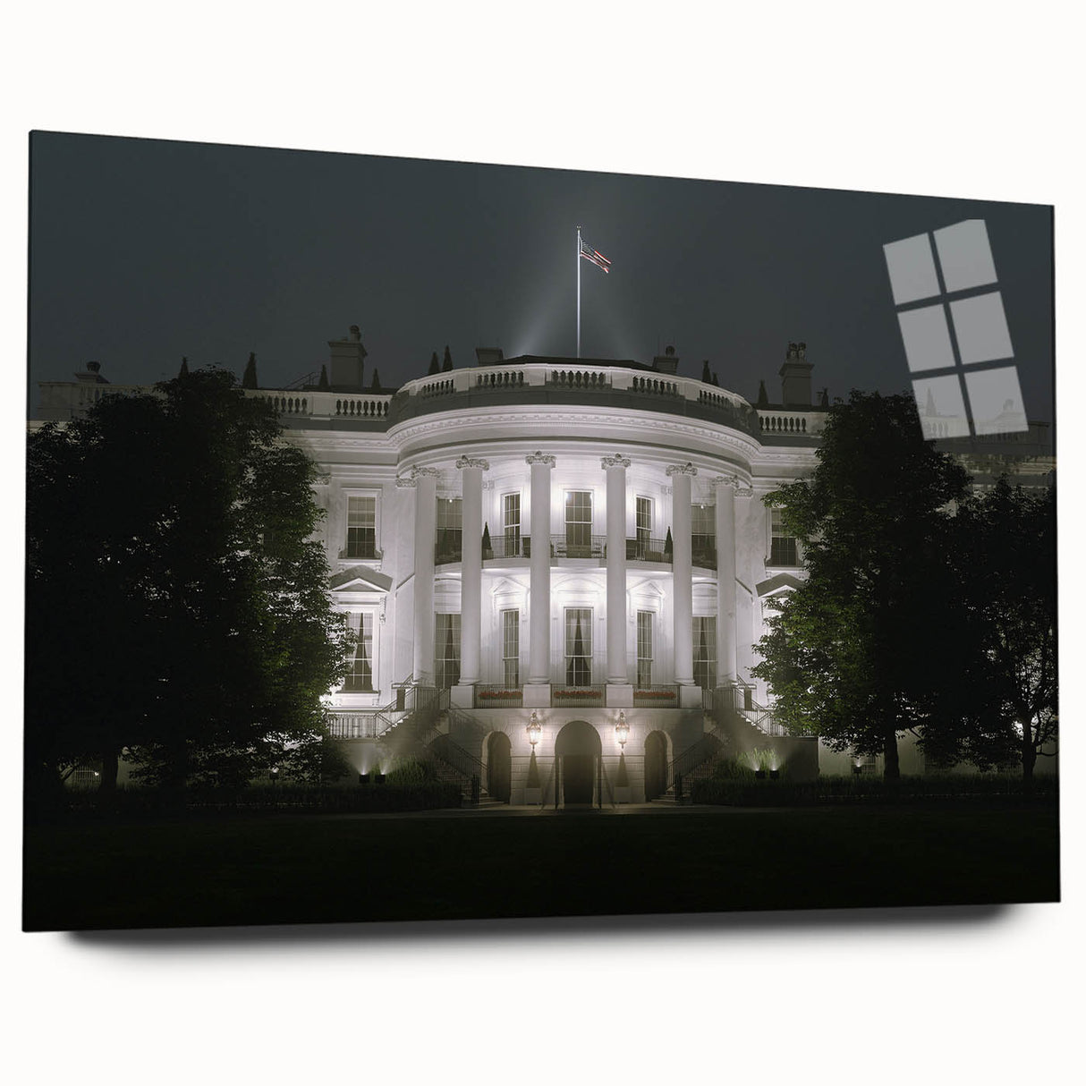 Acrylic print of the White House in muted gray and blue tones, ideal for dining room art in a mid-century modernist style.