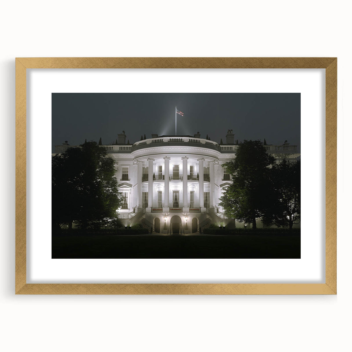 Extra large abstract art print of the White House in textured tones, framed in gold, ideal for living room decor.