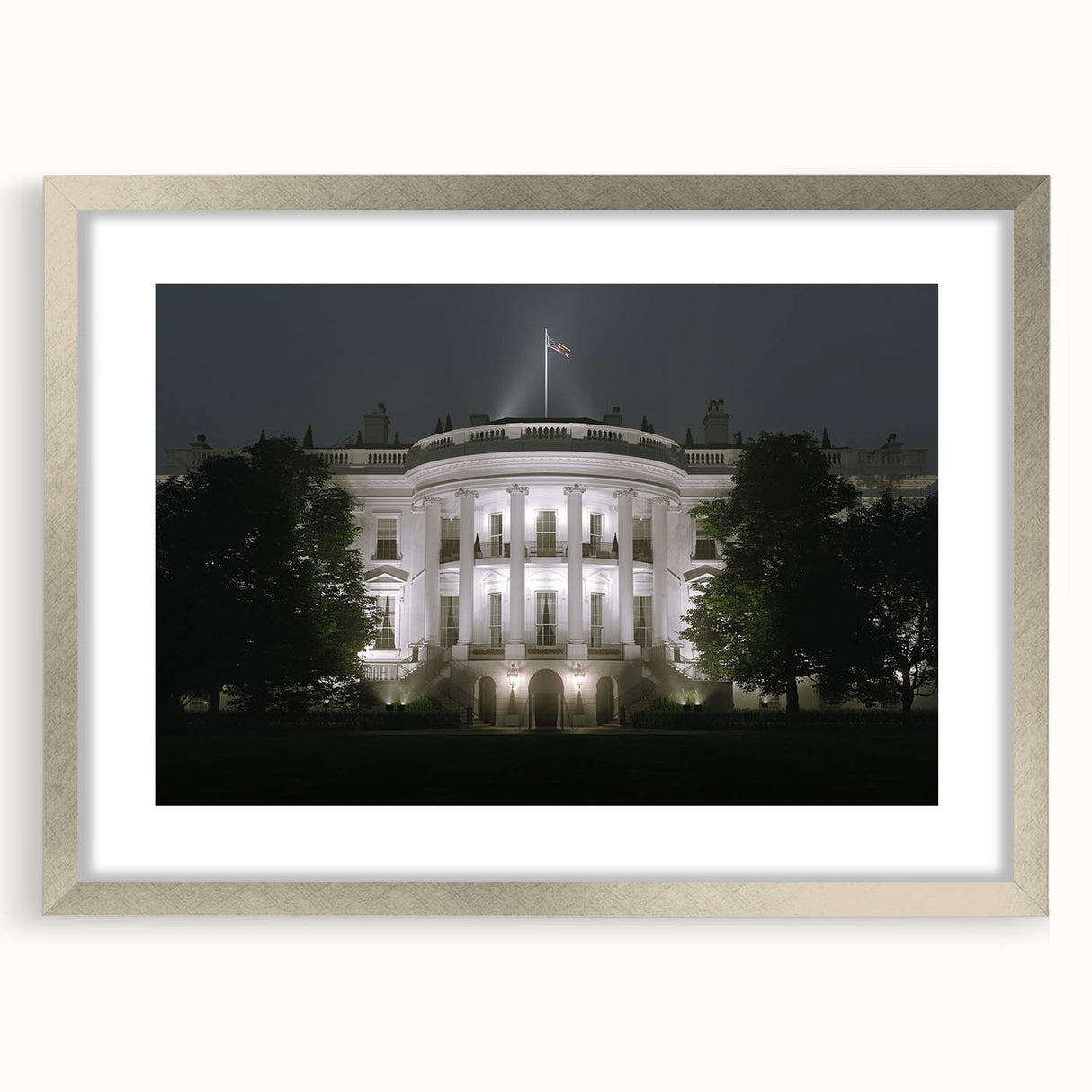 Textured art print of the White House in abstract style, using a muted color palette, framed in silver.