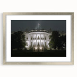 Textured art print of the White House in abstract style, using a muted color palette, framed in silver.