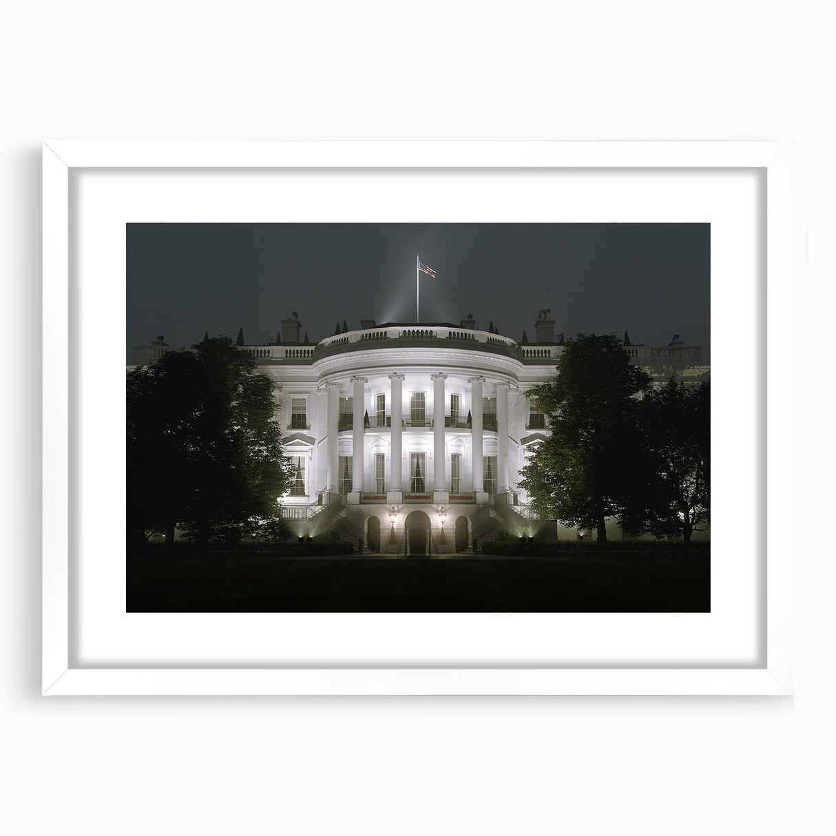 Abstract art print of the Washington DC skyline featuring the White House in muted gray and blue tones.