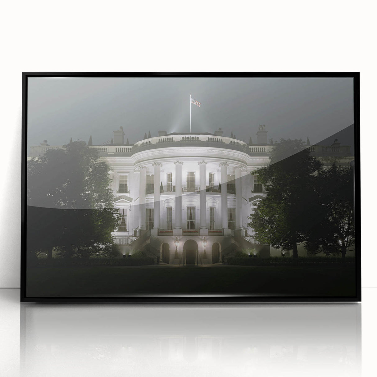 Large abstract wall art of the White House in black and white, framed in acrylic, suitable for modern office decor.