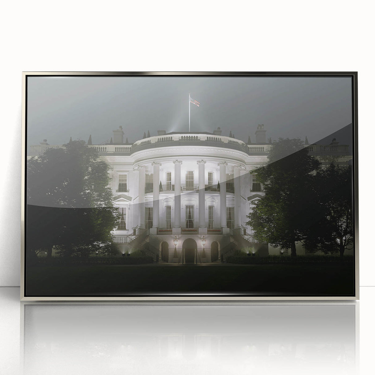 Mid-century modernist art of the White House with muted pastel shades on a silver-framed acrylic, ideal for nursery wall art.