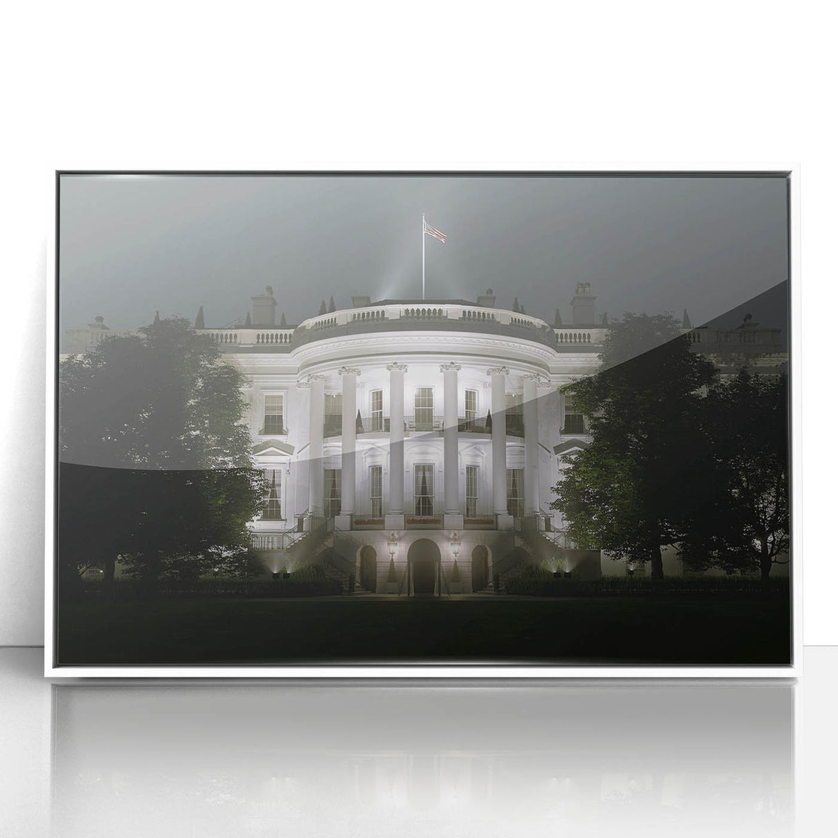 Acrylic print of the White House in Washington DC in art deco style, framed in white, ideal for modern art wall decor.