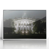 Acrylic print of the White House in Washington DC in art deco style, framed in white, ideal for modern art wall decor.