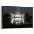 Black and white framed canvas of the White House in a vintage poster art style, ideal for bedroom wall decor.