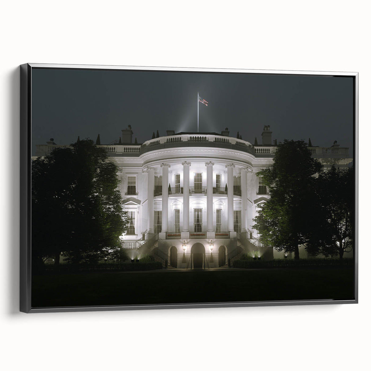 Black and white framed canvas of the White House in a vintage poster art style, ideal for bedroom wall decor.
