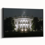 Black and white framed canvas of the White House in a vintage poster art style, ideal for bedroom wall decor.