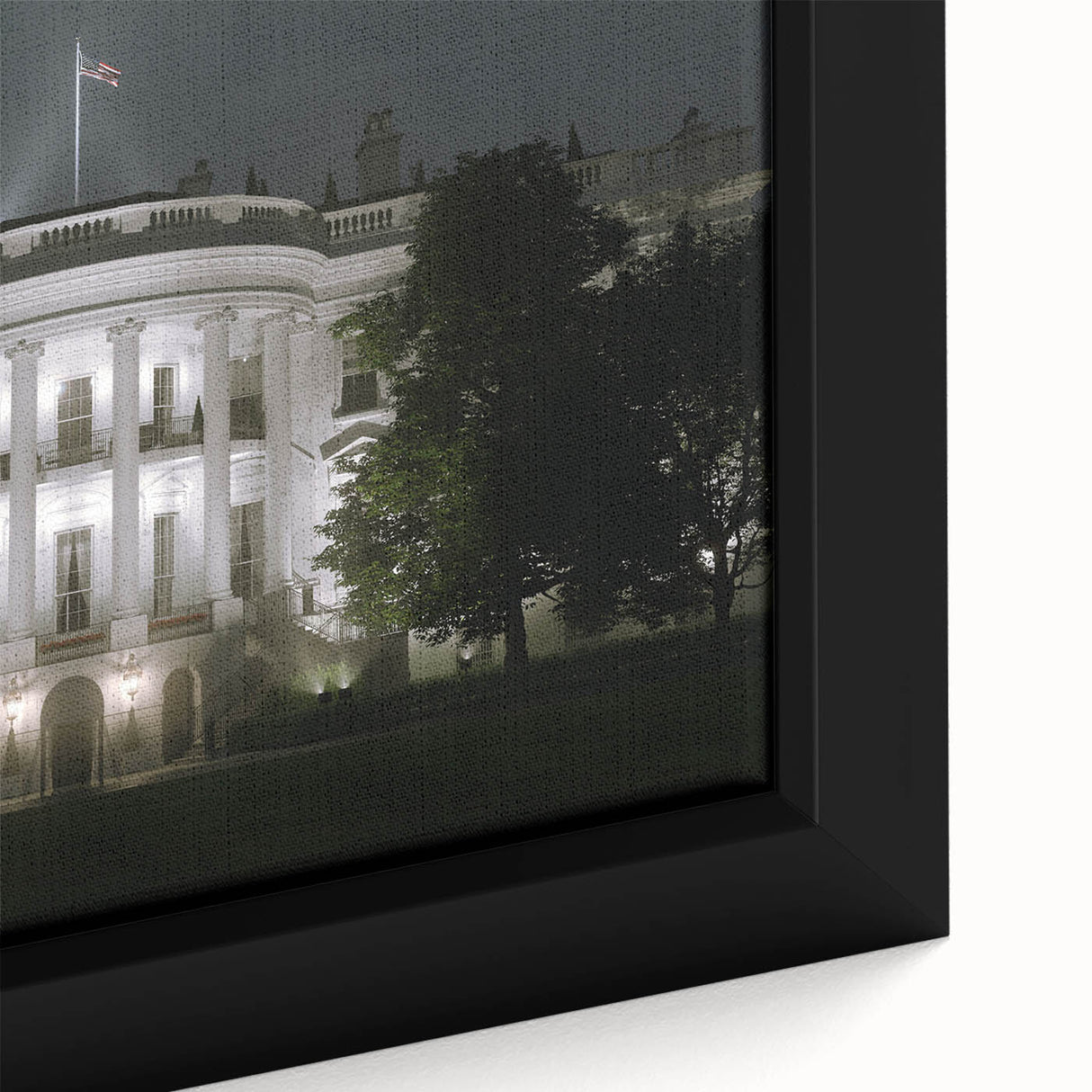 Extra large framed canvas featuring a textured depiction of the White House in black with colorful accents.