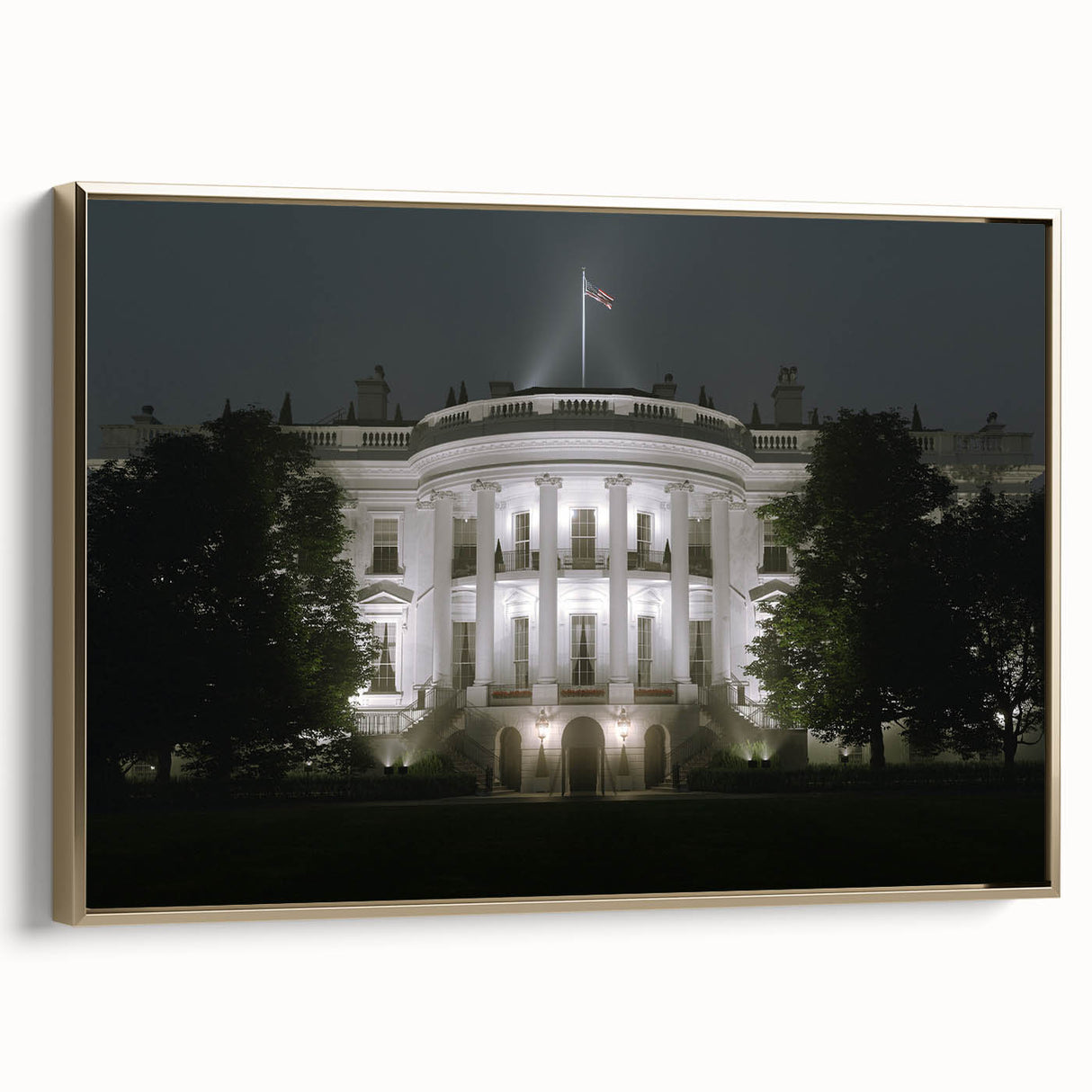 Framed canvas featuring a vintage-style landscape painting of the White House in Washington D.C.