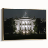 Framed canvas featuring a vintage-style landscape painting of the White House in Washington D.C.