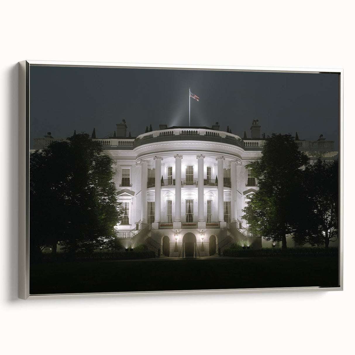 Framed canvas of a vintage-style landscape art painting featuring the White House in muted colors, ideal for office decor.