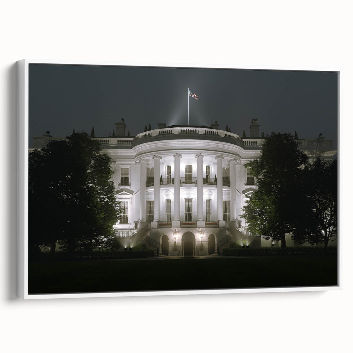 Vintage poster art of the White House in muted colors on a framed canvas, suitable for extra large living room decor.
