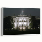 Vintage poster art of the White House in muted colors on a framed canvas, suitable for extra large living room decor.
