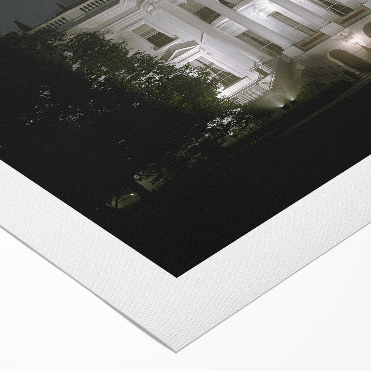 Art deco poster of the White House in muted gray and blue tones on rolled canvas, suitable for dining room wall art.