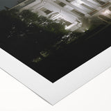 Art deco poster of the White House in muted gray and blue tones on rolled canvas, suitable for dining room wall art.