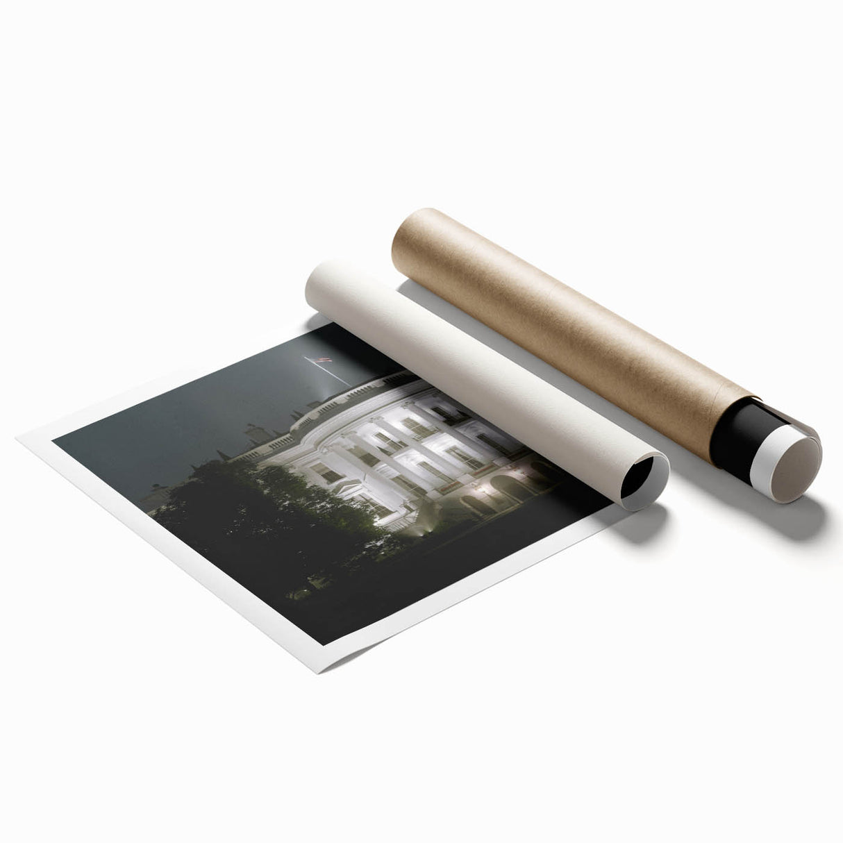 Extra large rolled print depicting the White House in muted gray and blue tones, ideal for classy bathroom wall art.