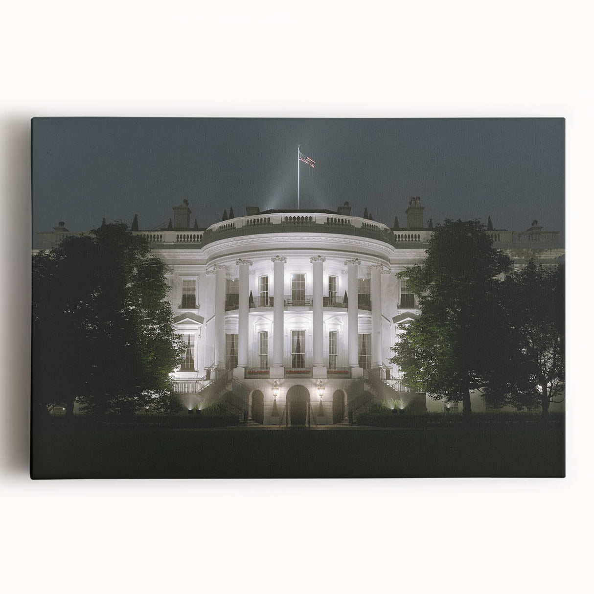 Black and white image of the White House on stretched canvas, suitable as large kitchen wall art.