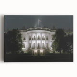 Black and white image of the White House on stretched canvas, suitable as large kitchen wall art.