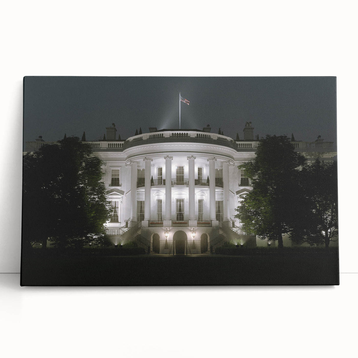 Black and white stretched canvas of the Washington DC White House, ideal for kitchen wall art.