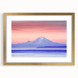 Extra large wall art of Mount Rainier with textured abstract prints in a gold frame, ideal for living room decor.