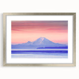 Textured art print of Mount Rainier in muted earth tones, framed in silver, suitable for bedroom decor.