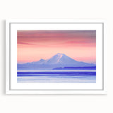 Abstract art print of Mount Rainier in muted earth tones on a framed white mat, suitable for bedroom or dining room decor.