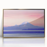 Large art print of Mount Rainier in muted earth tones on a gold-framed acrylic, ideal for modern art wall decor.