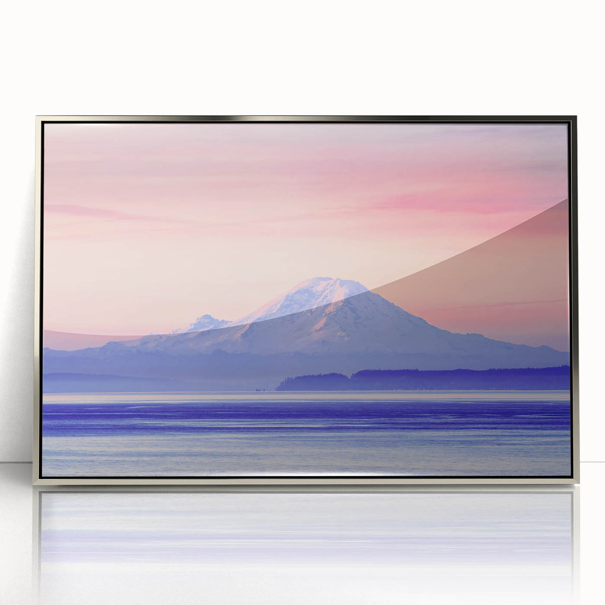 Mid-century modernist art of Mount Rainier in muted earth tones on a framed acrylic, ideal for modern art wall decor.