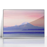 Acrylic print of Mount Rainier in muted pastel shades, framed in white, suitable as modern art wall decor for a nursery.