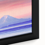 Framed canvas of Mount Rainier with a textured black foreground and colorful sky, ideal for living room decor.