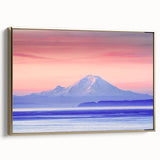 Framed canvas of Mount Rainier in muted earth tones, ideal for bedroom wall art with a vintage poster style.