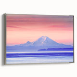 Landscape art painting of Mount Rainier with vibrant green and blue tones on a silver-framed canvas.
