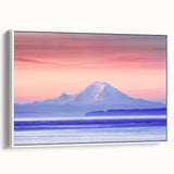Vintage poster art of Mount Rainier with colorful palette on a large framed canvas, ideal for living room decor.