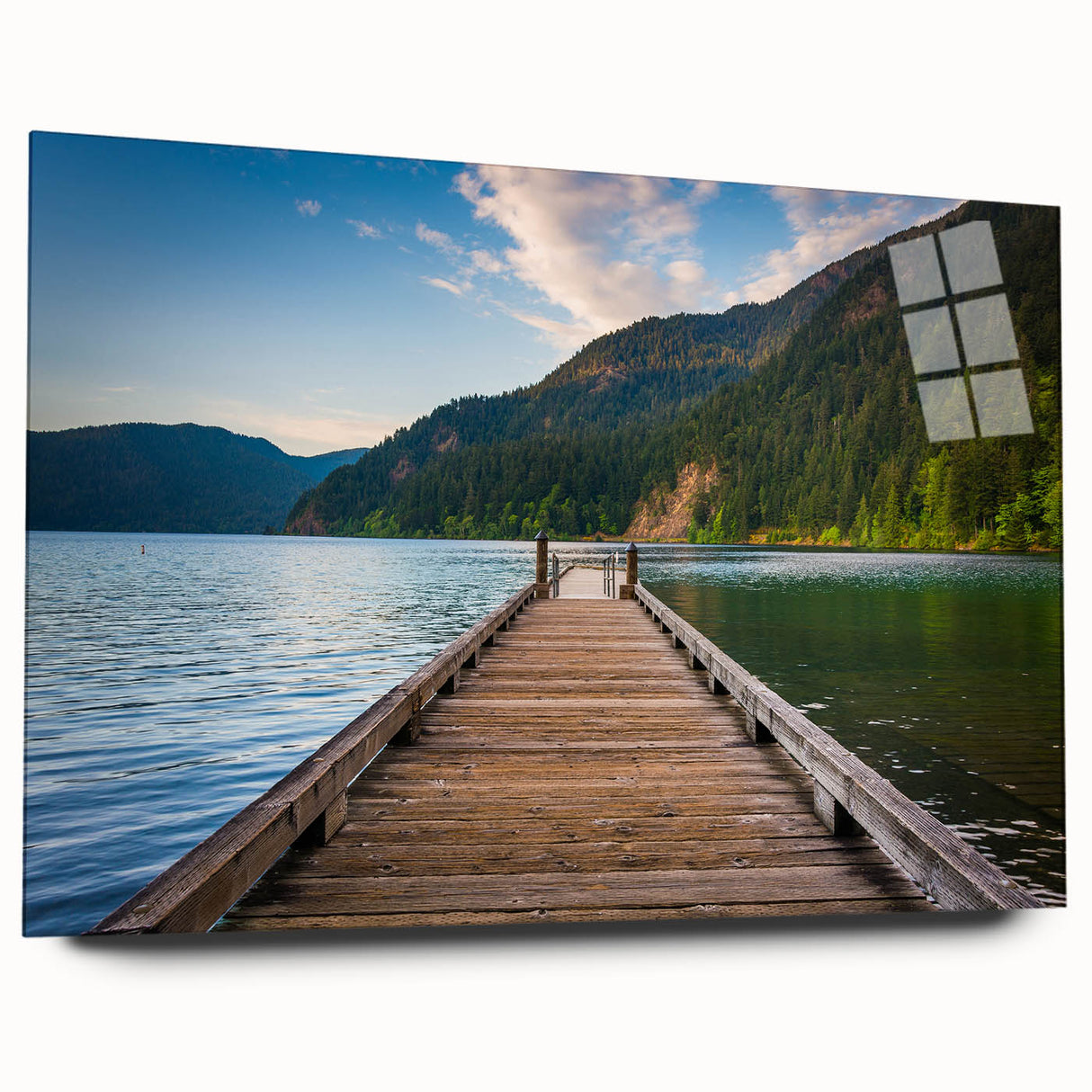 Large abstract depiction of Olympic National Park in muted earth tones on acrylic glass.