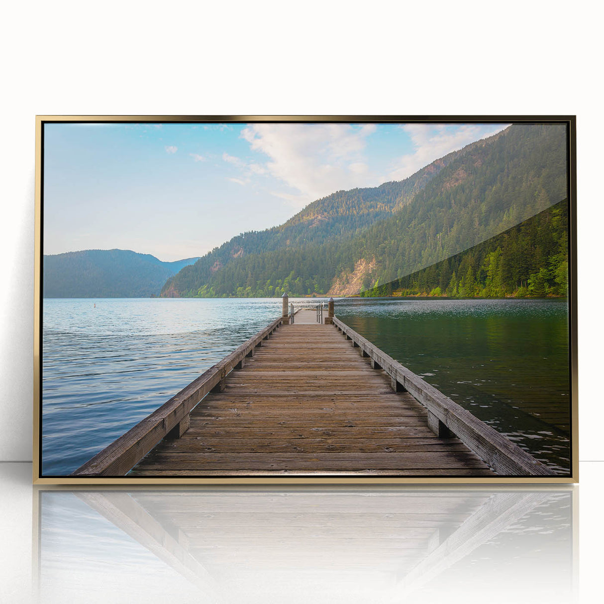 Mid-century modernist style large art print of Olympic scenery in muted earth tones on a gold-framed acrylic.