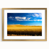Extra large wall art depicting abstract textured scenery of Palouse, USA, in muted earth tones, framed in gold.