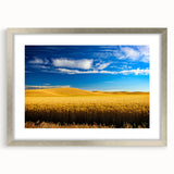 Textured art depicting abstract rolling hills of Palouse in muted greens and browns, framed in silver.