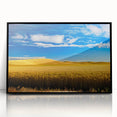 Large abstract wall art depicting the Palouse landscape in muted earth tones, framed in black acrylic.