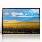 Large abstract wall art depicting the Palouse landscape in muted earth tones, framed in black acrylic.