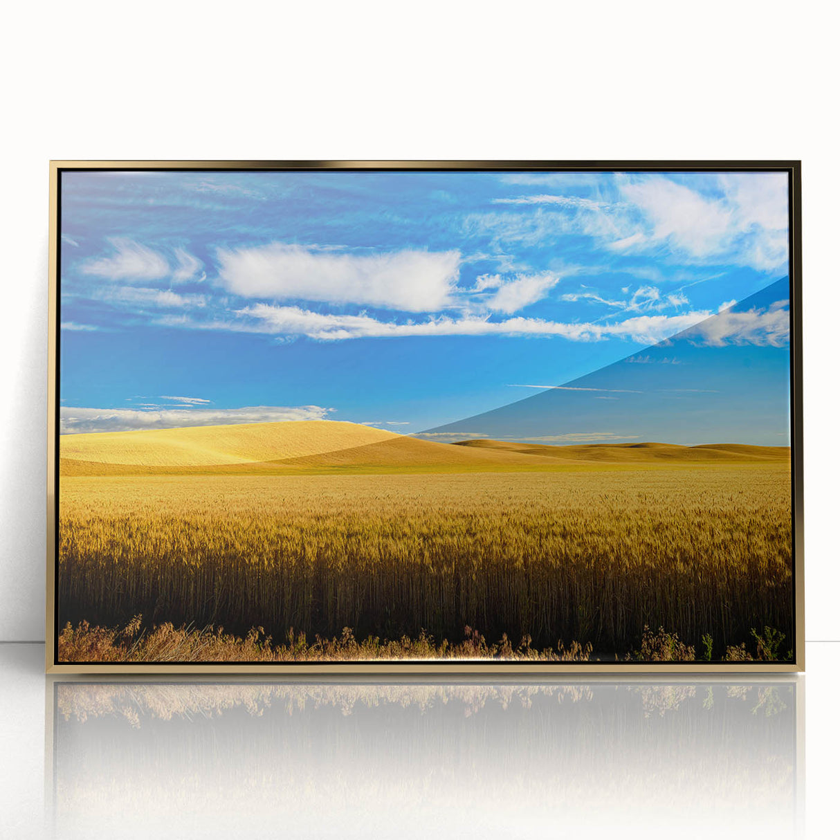 Large art print of Palouse, Washington scenery on gold-framed acrylic, in mid-century modernist style.