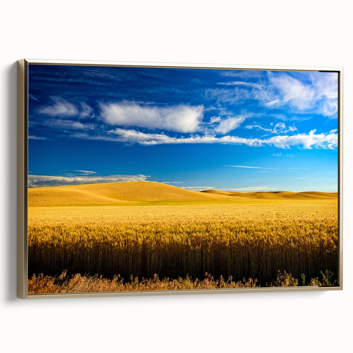 Framed canvas wall art featuring a vintage-style landscape painting of the Palouse region, with muted earth tones.
