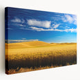 Panoramic view of the Palouse hills in muted green and brown tones on a stretched canvas, ideal for kitchen wall art.