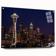 Acrylic print of Seattle skyline in muted blue and gray tones, ideal for modern bedroom or dining room decor.