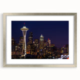 Textured abstract art print of Seattle skyline in muted grays and blues, framed in silver, ideal for bedroom art.