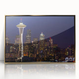 Acrylic print of Seattle skyline in muted gold tones, framed, reflecting mid-century modernist style.